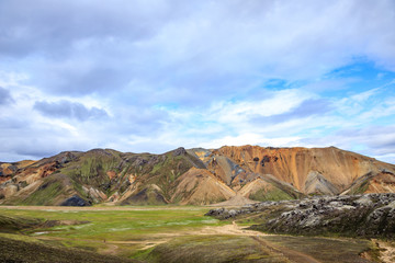 Landmannalaugar beautiful scenic nature landscape. Various volcanic minerals and lava formations. Colorful mountains in Iceland