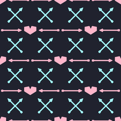 Cute seamless pattern with hearts and arrows. Bright romantic print. Vector illustration.