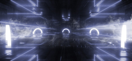 Smoke Sci Fi Futuristic Oval Circle Neon Led Lights Blue Vibrant Glowing Schematic Chip Texture Reflective Dark Empty Room Underground Stage Tunnel Corridor 3D Rendering