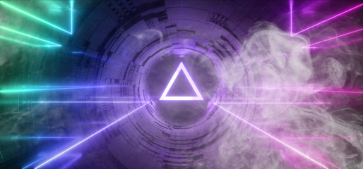 Smoke Studio Sci Fi Neon Glowing Triangle Sphere Circle Gate Portal  Gradient Purple Blue Retro Alien Spaceship Reflective Motherboard Texture Chip Empty Background Spaceship 3D Rendering