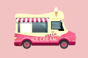 Classic summer ice cream van in cream and pink colours. Side view vector illustration. © James Thew
