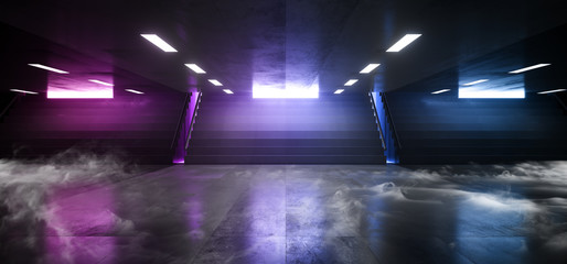 Smoke Sci Fi Futuristic Neon Lights Arrow Shape Hall Dark Empty Underground Tunnel Corridor Stairs Signs Lights Purple Blue Glowing  Empty Reflective Grunge Concrete Modern 3D Rendering