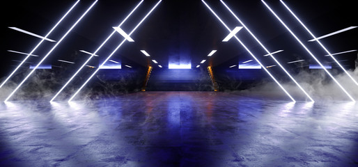 Smoke Sci Fi Futuristic Neon Lights Arrow Shape Hall Dark Empty Underground Tunnel Corridor Stairs Signs Lights Orange Blue Glowing  Empty Reflective Grunge Concrete Modern 3D Rendering