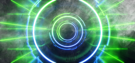 Smoke Stage Neon Glowing Alien Spaceship Futuristic Sci Fi Construction Green Blue Glowing Laser Beams Fluorescent Vibrant Neon City Tunnel Corridor Vitrual Cyber Background 3D Rendering