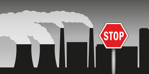 city and industry with air pollution industry smog and stop warning sign vector illustration EPS10