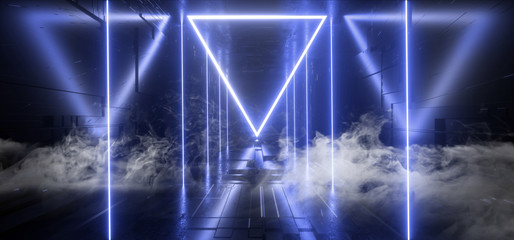 Smoke Triangle Shaped Neon Glowing Laser Blue Futuristic Sci Fi Modern Retro Alien Spaceship Mothership Studio Corridor Tunnel Chip Texture Hi Tech Technology Dark Background 3D Rendering