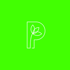Initial P letter with plant inside shaped with line art style logo icon illustration