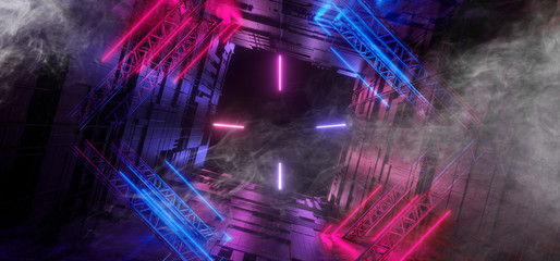 Smoke Neon Fluorescent Glowing Laser Purple Blue Futuristic Sci Fi Modern Retro Alien Spaceship Mothership Studio Corridor Tunnel Chip Texture Hi Tech Technology Dark Background 3D Rendering