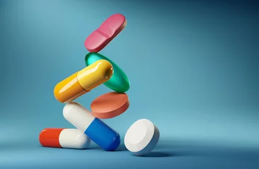 Poster Medical balancing act. A group of medicine pills and antibiotics balancing on top of each other. 3D render illustration. © James Thew