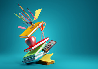 Back to school education background concept with falling and balancing school accessories and items. 3D render illustration. - obrazy, fototapety, plakaty