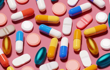 A background filled with various medical pills and health capsules. 3D render illustration. - obrazy, fototapety, plakaty