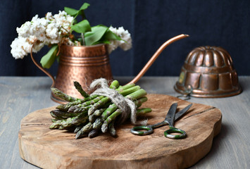 Still life: an image of a bunch of asparagus and scissors on a wooden board, a copper kettle with a branch of white lilac and a copper baking pan on a gray wooden surface on a black background