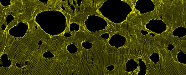 This spiderweb has been broken. Abstract grid background with hole. Array with dynamic particles. Texture. 3D grid surface.  Technology vector illustration.