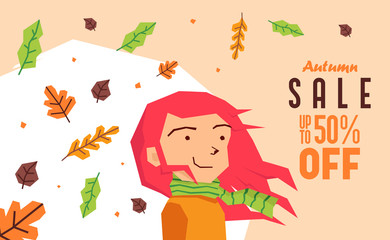 Autumn sale coupon 50% off background illustration. Autumn sale banner template with flat illustration