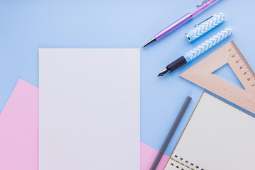 Back to school concept. School stationery and seashell on pink blue background. Pens, pencil and gon on pastel background. Top view. Copy space