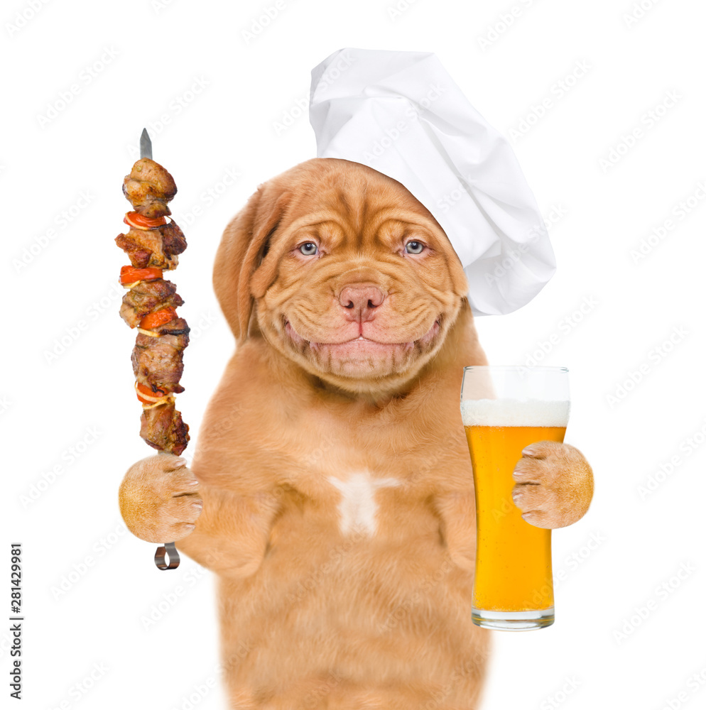Poster smiling puppy in chef's hat holding light beer and grilled meat on skewer. isolated on white backgro