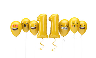 Number 11 yellow birthday emoji faces balloons. 3D Render