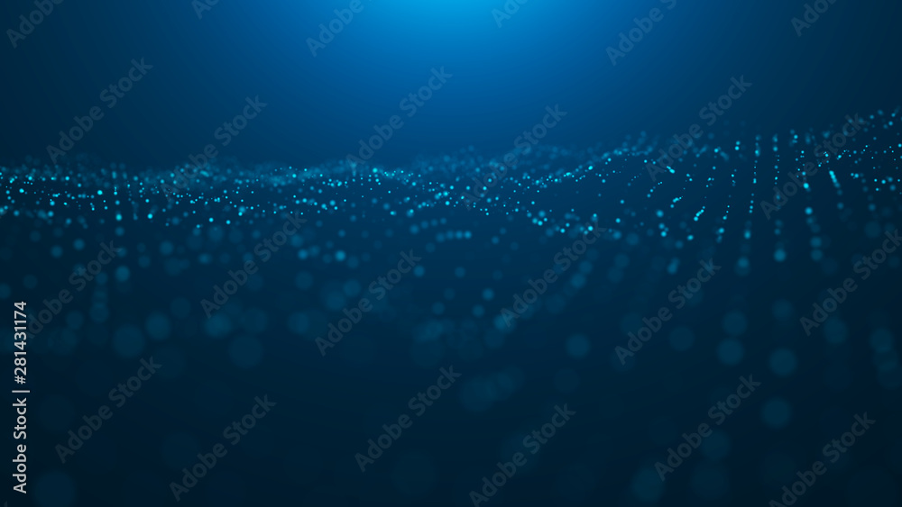 Poster wave 3d. wave of particles. abstract blue geometric background. big data visualization. data technol
