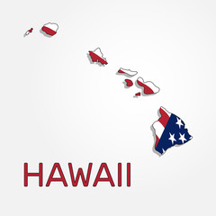 Map of the state of Hawaii in combination with a waving the flag of the United States. Hawaii silhouette or borders for geographic themes - Vector