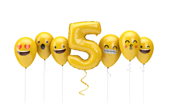Number 5 yellow birthday emoji faces balloons. 3D Render