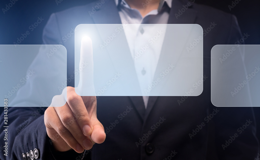 Poster Man scrolling with finger digital windows with free space