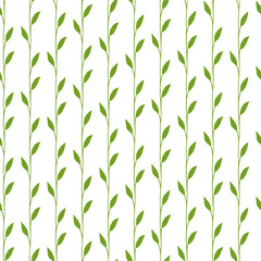 Floral seamless vector pattern with green leaves and branches on white background. Hand drawn illustration with abstract plants. Texture design for surface, fabric, textile. Endless texture.