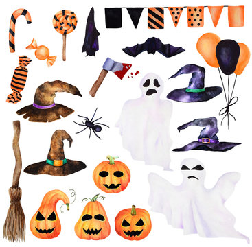 Watercolor Halloween set. Hand painted pumpkins with face, sweets, fancy witch's hats, witch broom, axe, ghosts, spider, bat. Isolated object on the white background.
