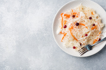 Homemade sauerkraut with carrots and cranberries in plate. Copy space