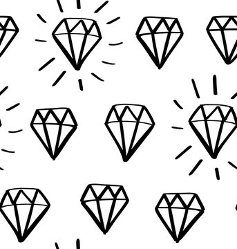 Diamond doodle vector pattern. Seamless fashion trendy background. Hand drawn gems, diamonds.