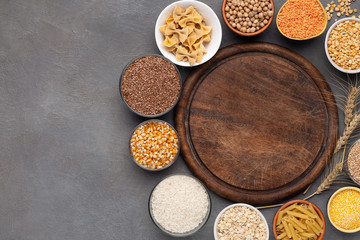 Round various of gluten free grains with copy space