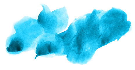 Abstract watercolor background hand-drawn on paper. Volumetric smoke elements. Cyan blue color. For design, web, card, text, decoration, surfaces.