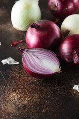 red onions. Red onion halves. Food Ingredients