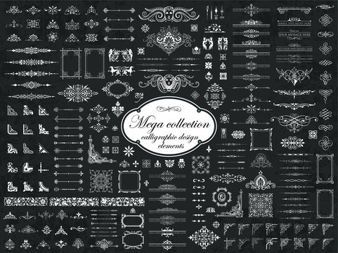 Mega collection of vector calligraphic design elements on chalkboard background