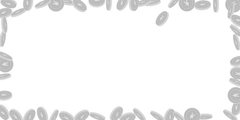 Chinese yuan coins falling. Scattered black and wh