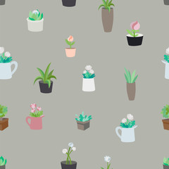 Cartoon small potted flowers seamless on grey background pattern