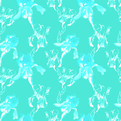 Floral seamless pattern with hand drawn light silhouettes of iris flowers on turquoise background. Flowers lined up in harmonious uninhibited sequence