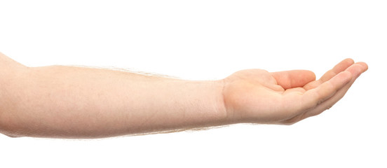 Male hand showing gesture holding something or someone isolate on white background