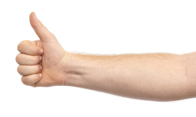 Male hand showing thumb up gesture isolate on white background