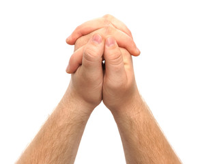 Male hands show a prayer gesture, pity isolate on a white background