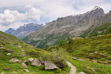 Fototapeta na wymiar Beautiful valley in the way to Rifugio Benevolo, Val d'Aosta, Italy