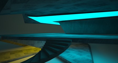Abstract architectural concrete interior of a minimalist house with color gradient neon lighting. 3D illustration and rendering.