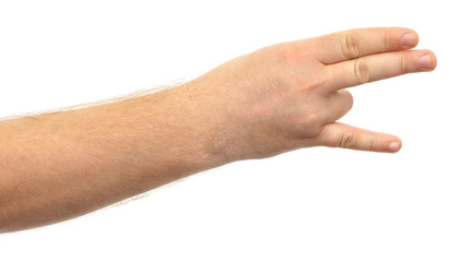 Male hands show gesture isolate on white background.
