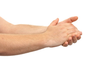 Male hands show gesture isolate on white background.