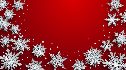 Christmas illustration of white complex paper snowflakes with soft shadows on red background