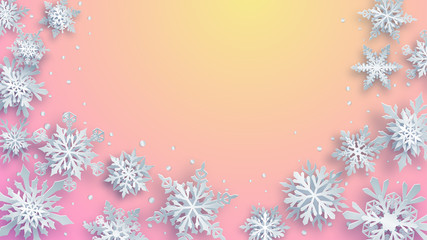 Christmas illustration of white complex paper snowflakes with soft shadows on pink and yellow background