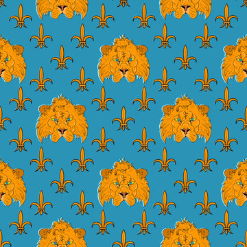 Heads of lions and Fleur de Lis on blue background, vector seamless pattern