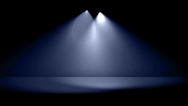 Highlighting blue spotlights, stage or scene, copy space and festive atmosphere for your design. 3d. Foggy background. Colorful Spotlights moving above the scene, show, animation. Black background.