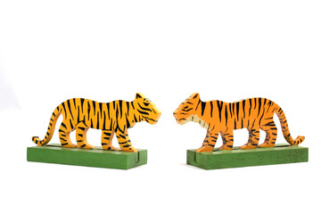 Fototapeta na wymiar Vintage Tiger Toy Animal Wooden On White Background