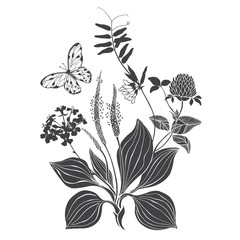 A bouquet of wildflowers and herbs with butterfly. Summer background. Black and white vector illustration. Isolated element for design on white. Silhouette.