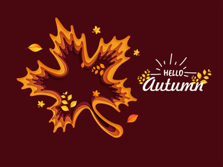 Illustration of Autumn Leaf on brown background with creative text of "Hello Autumn" poster or banner design in paper cut style.